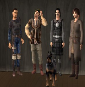 Four characters of the Bretonnian campaign created as player characters dressed in medieval clothing in Sims 2 (and their dog). 