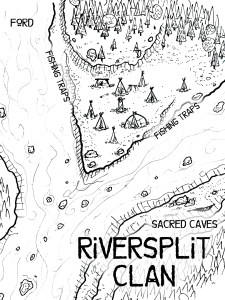 Map of the Riversplit Clan camp showing the two merging rivers, tents sites and the sacred caves.